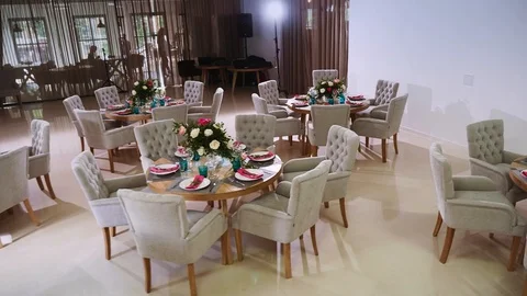 General interior plan of the restaurant with a flower decor Stock Footage 97720822