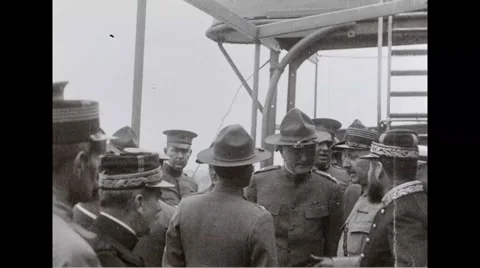 General John Joseph Pershing talking with military officers on battleship Stock Footage