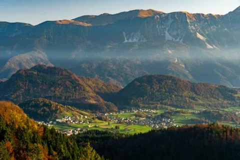 General landscape view of a village around Bled Lake area, Slovenia Stock Photos