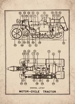 General Layout Motor-Cycle Tractor Half-Track Vehicle Technical Schematic D.. Stock Illustration