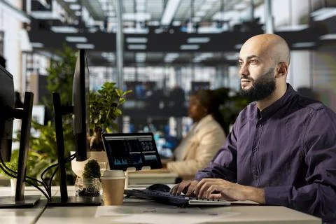 General manager analyzing statistics and data online for development Stock Photos