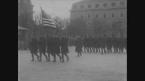 General Pershing, Marshal Petain and officers review parade - 1918 Stock Footage 87610746