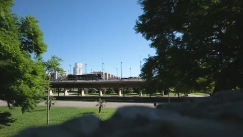 General plan of the bridge with passing cars. bright day. slow motions Stock Footage 287586954