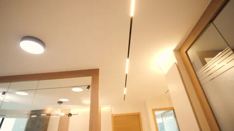 General plan, ceiling with linear and circular LED lighting in a modern interior Stock Footage 342227678
