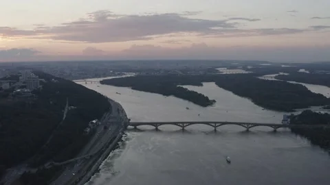 The general plan of the city overlooking the Dnieper River. Sunset. Stock Footage 228867597