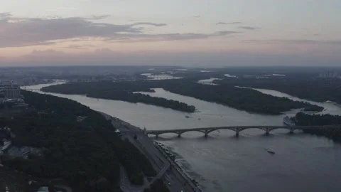 The general plan of the city overlooking the Dnieper River. Sunset. Stock Footage 228867603