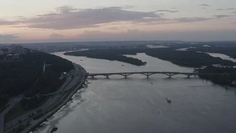 The general plan of the city overlooking the Dnieper River. Sunset. Stock Footage 228867630