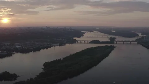 The general plan of the city overlooking the Dnieper River. Sunset. Stock Footage 232004285