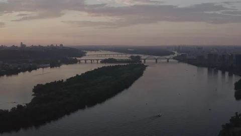 The general plan of the city overlooking the Dnieper River. Sunset. Stock Footage 232004297