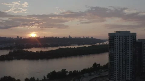 The general plan of the city overlooking the Dnieper River. Sunset. Stock Footage 232004382