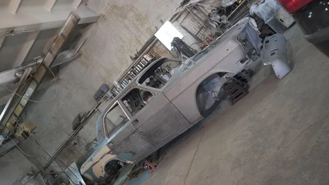 The General plan of a disassembled retro car Stock Footage 129285459