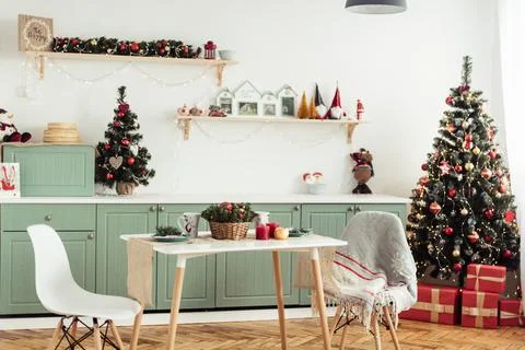 General Plan of Kitchen Christmas Tree with Red Christmas Decorations Stock Photos