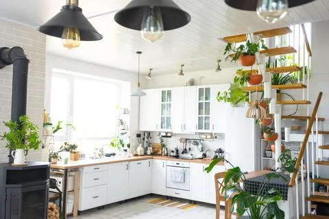 The general plan of a light white modern rustic kitchen with a modular meta.. Stock Photos