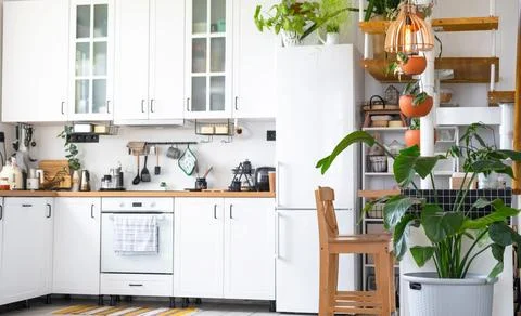The general plan of a light white modern rustic kitchen with a modular meta.. Stock Photos