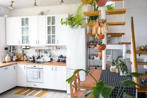 The general plan of a light white modern rustic kitchen with a modular meta.. Stock Photos