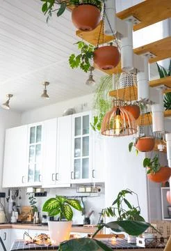 The general plan of a light white modern rustic kitchen with a modular meta.. Stock Photos