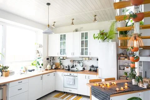 The general plan of a light white modern rustic kitchen with a modular meta.. Stock Photos