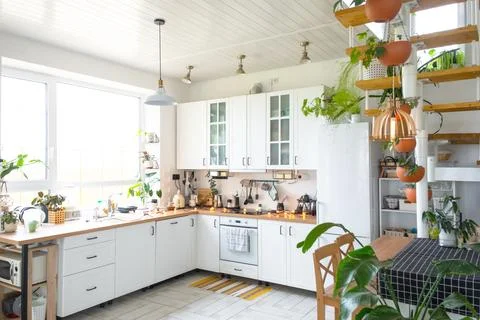 The general plan of a light white modern rustic kitchen with a modular meta.. Stock Photos