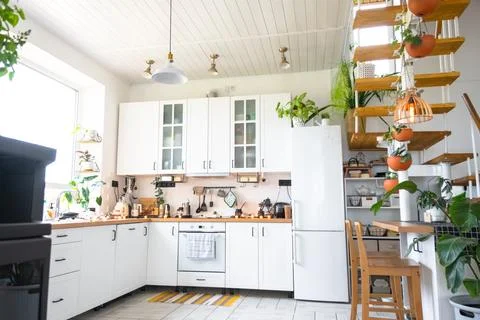 The general plan of a light white modern rustic kitchen with a modular meta.. Stock Photos