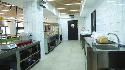 General plan, modern canteen, cafeteria, Self service restaurant , empty, bright Stock-Footage 103457771