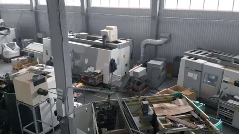 General plan of a modern factory from the inside. Large production hall with Stock Footage 203882602