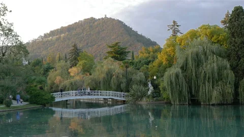 General plan of the park in New Athos, white bridge, mountains Stock Footage 164252857