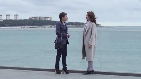 General plan two women talking on the background of the sea 스톡 동영상 150171769