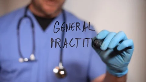 General practitioner hand written on a clear board by a doctor Stock Footage 79347266