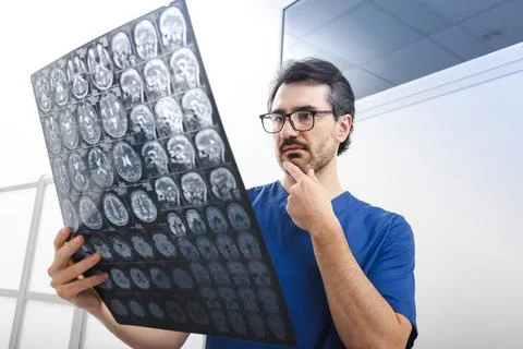 General practitioner looking at MRI of human brain and examining anatomy and  Photos