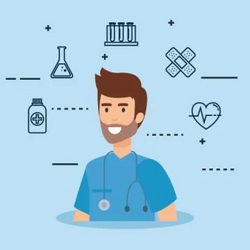 General practitioner with set icons Stock Illustration