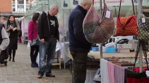 General Public of Lichfield City Walking Around Market Stalls - Town Centre Stock-Footage 42906819