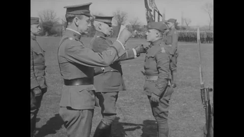 General Robert Alexander decorates 308th Infantry troops and a military band Stock Footage 102978709