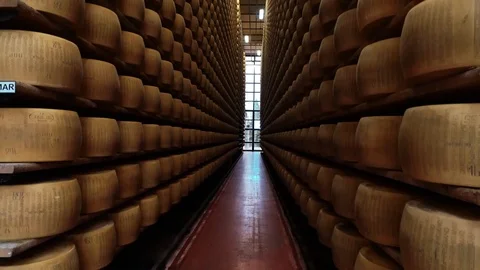 General stores of Parmigiano Reggiano in Reggio Emilia parmesan cheese store Stock Footage