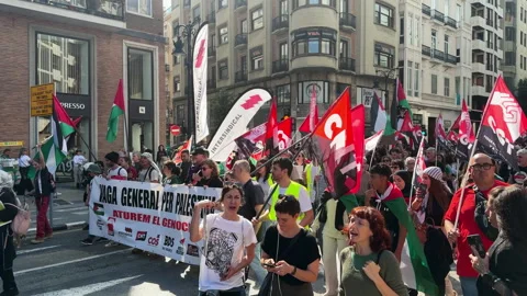 General strike for Palestine march with union banners in Valencia city center Stock-Footage 336874833