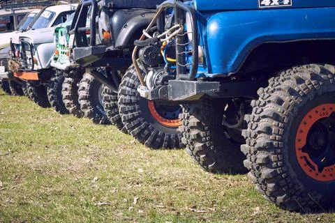 General view of 4x4 SUVs built before the start of extreme competitions Stock Photos