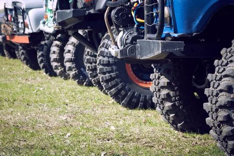General view of 4x4 SUVs built before the start of extreme competitions Stock Photos