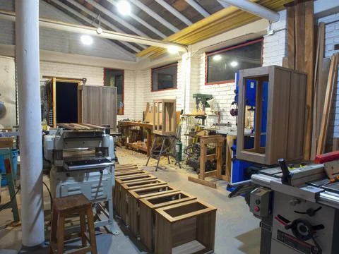 General view of a carpenter workshop at night. Near the colonial town of Vill Stock Photos