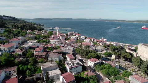 General view of the Dardanelles and Eceabat city from the air, Canakkale Turkey Stock Footage 201498722
