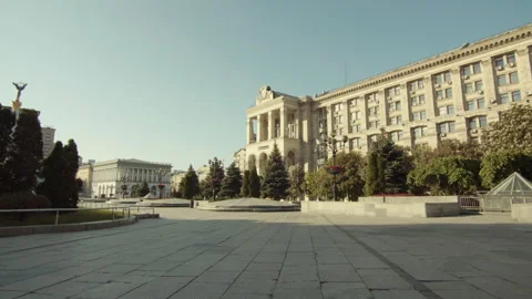 General view on empty morning street in Kyiv Stock Footage 248057435