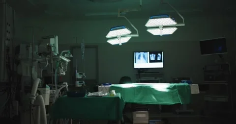 General view of empty operating room with bed and xrays in slow motion Stock Footage 343238173