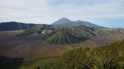 General View of Gunung Bromo Volcano and Cemoro Lawang Village, Java, Indonesia Stock Footage 44485794