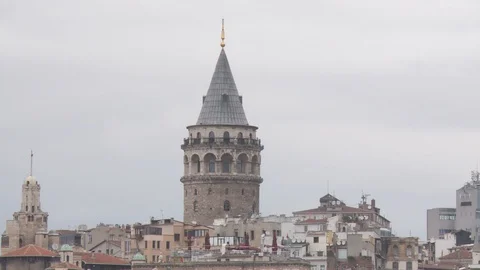 General view of historical Galata Tower and sea Stock Footage 128951784