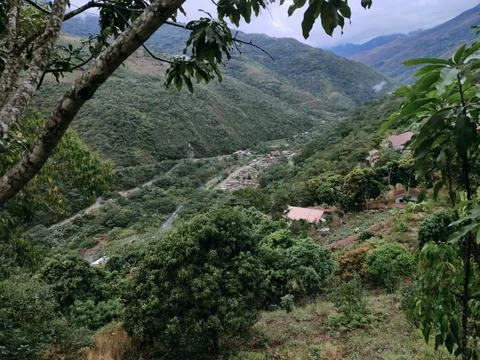 General view of landscape and inside small village with small houses and Stock Photos