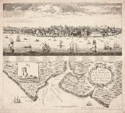 General View of Lisbon Before the Earthquake, Map from 1755 Stock Illustration