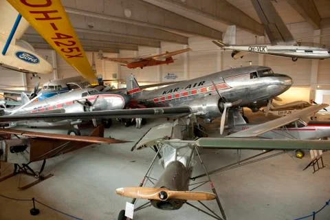 A general view of a Lockheed Lodestar and Douglas Dc3 at the Finnish Aviation Stock Photos