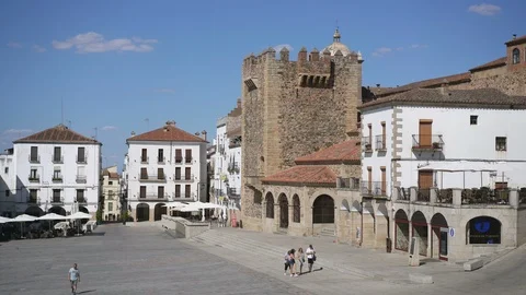 General view of the main square of Caceres , Caceres, Spain, Europe. Stock Footage 125078893
