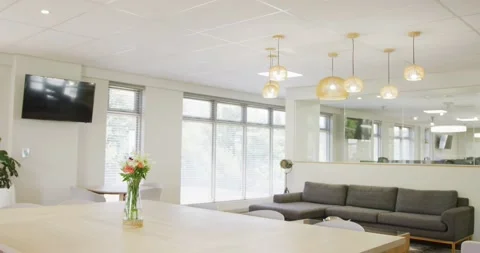 General view of modern office with sofa and table, slow motion Stock Footage 339589843