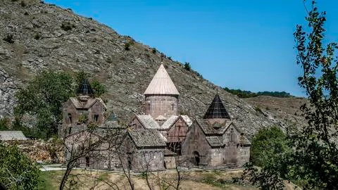 General view of the monastery complex Goshavank. Stock Photos