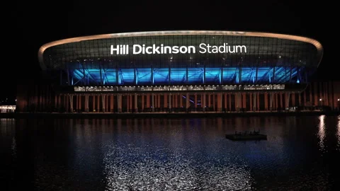 A general view  at night of Everton's  stadium in Bramley-Moore Dock. Stock-Footage 332621188