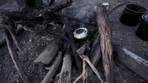 General view of old kettle full of boiling water on a camp fire.  스톡 동영상 116899949